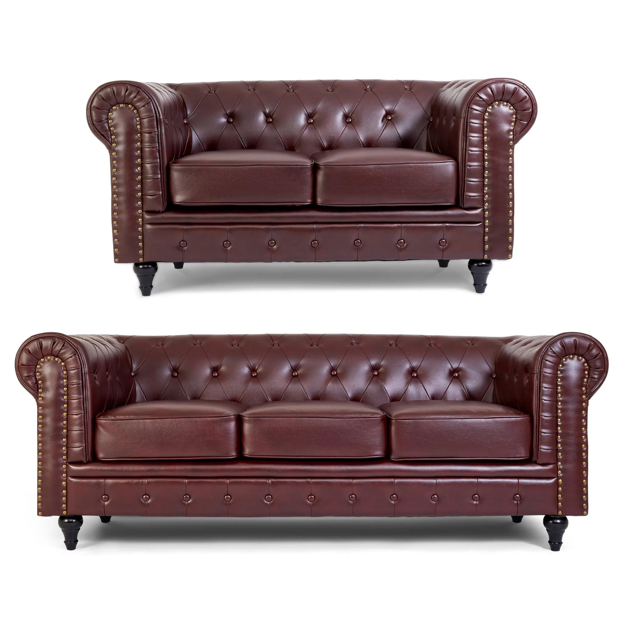 Faux Leather Chesterfield Sofa Suite - Brown