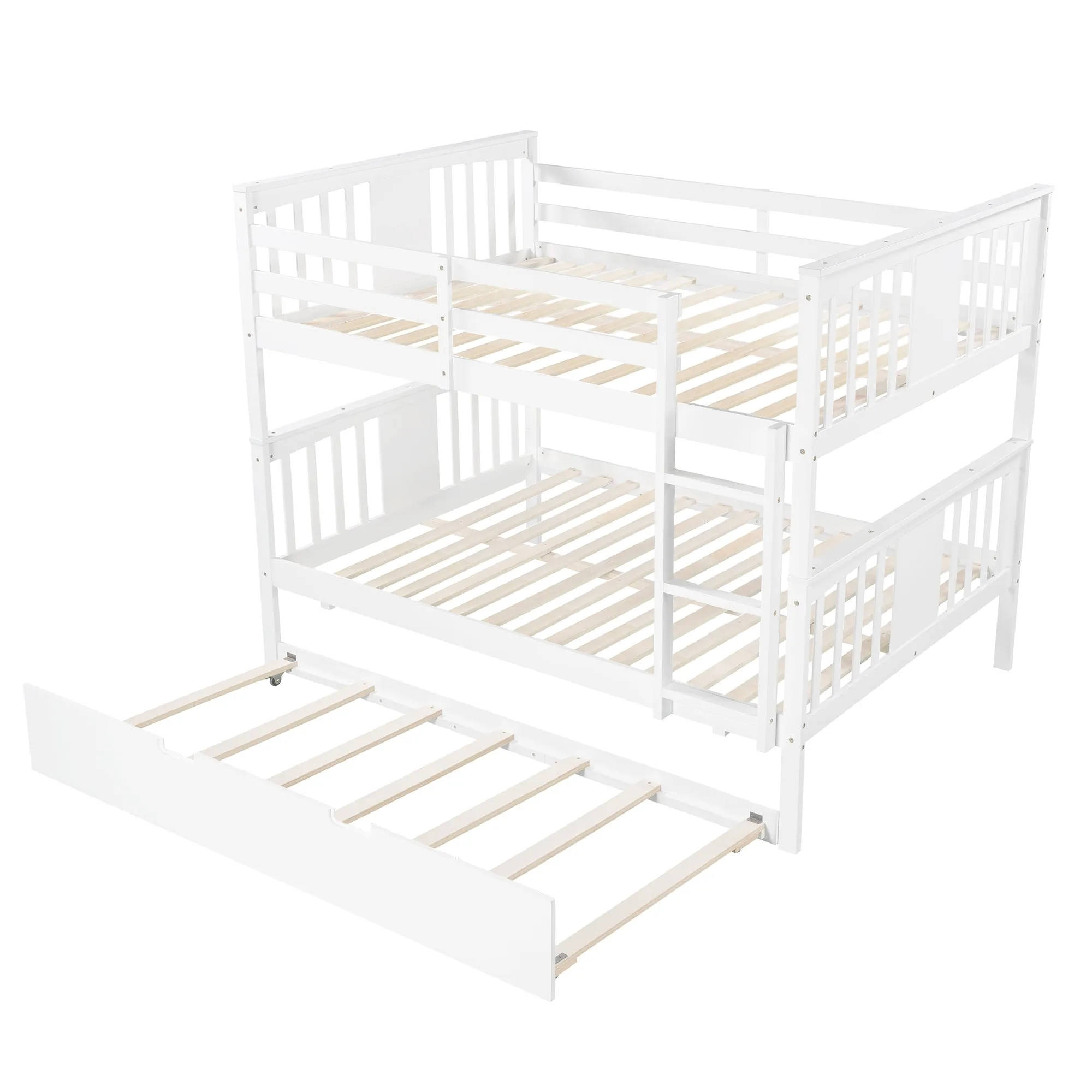 Full over Full Bunk Bed with Twin Size Trundle and Ladder-White