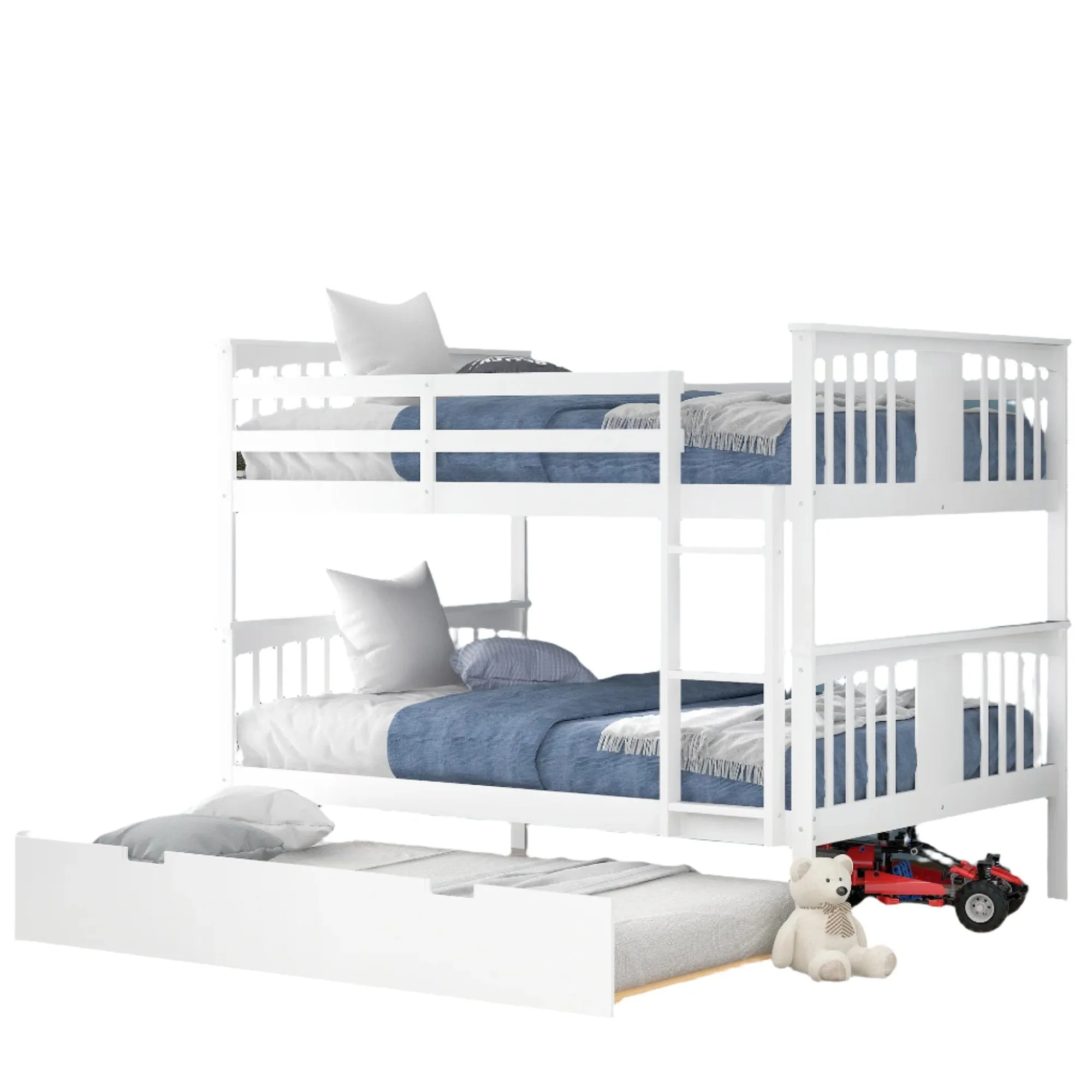 Full over Full Bunk Bed with Twin Size Trundle and Ladder-White