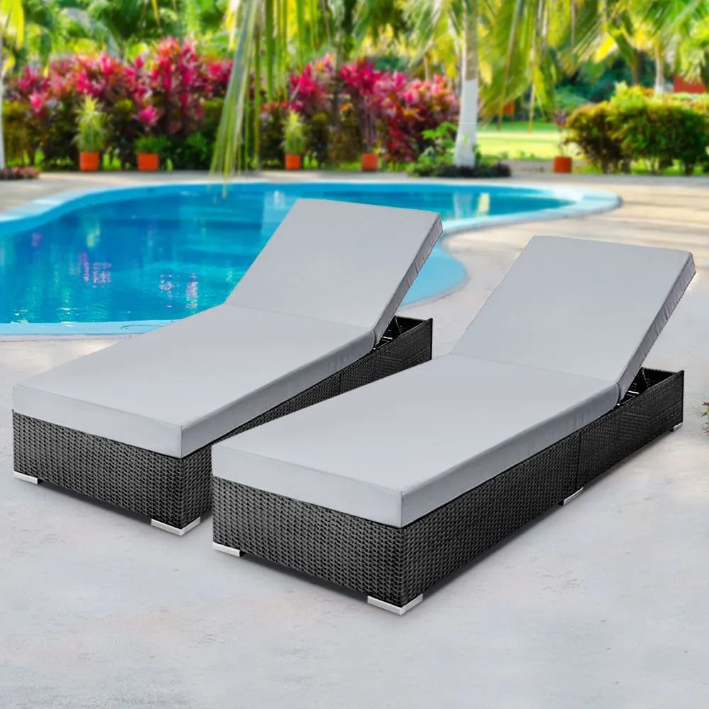 Gardeon Sun Lounge Wicker Lounger Outdoor Furniture Rattan Garden Day Bed Sofa Black Pair