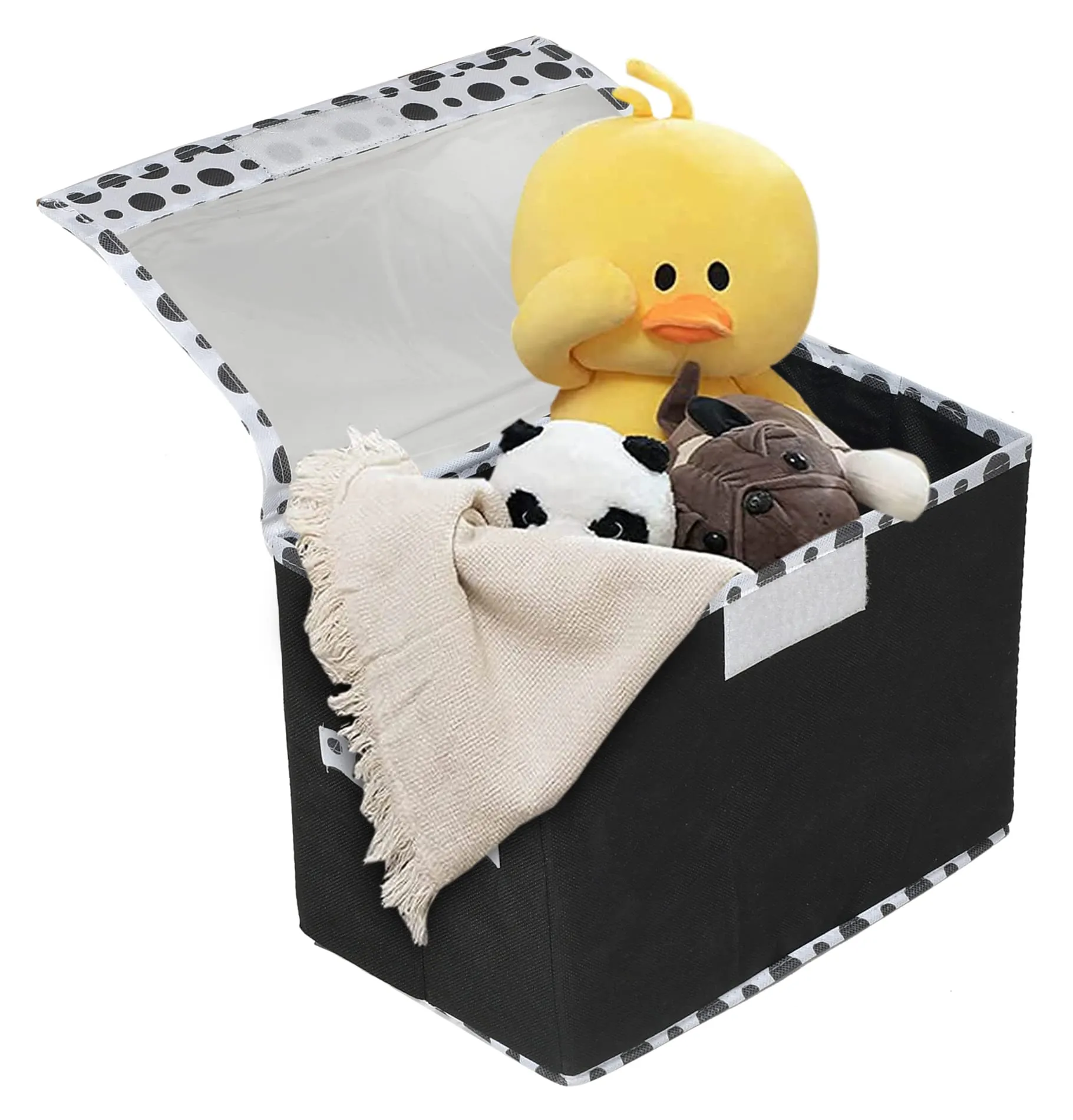 Heart Home Dot Printed Foldable Large Non-Woven Storage Box/Bin For Books, Towels, Magazines, DVDs & More With Tranasparent Lid (Black) -44HH0422