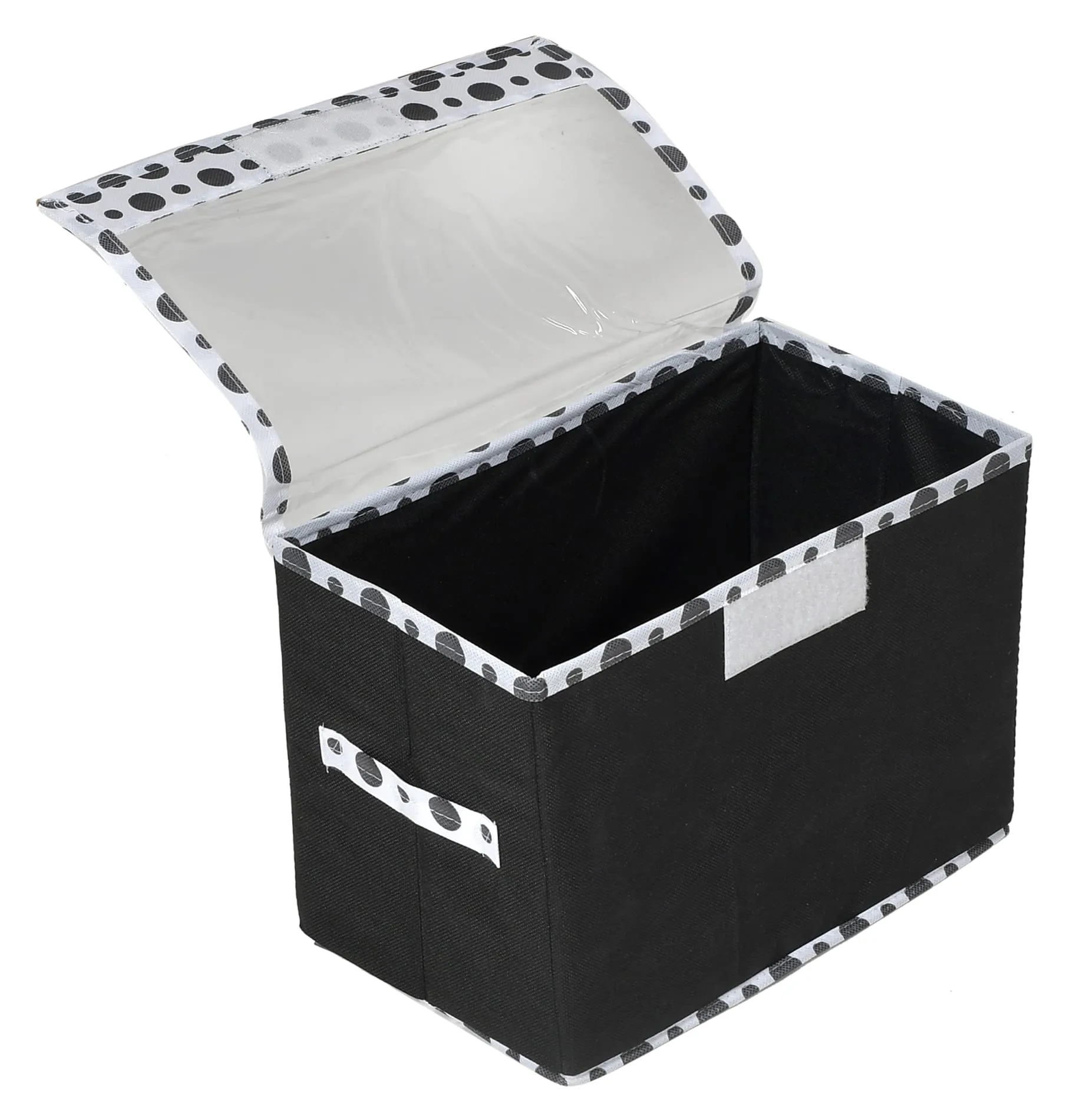 Heart Home Dot Printed Foldable Large Non-Woven Storage Box/Bin For Books, Towels, Magazines, DVDs & More With Tranasparent Lid (Black) -44HH0422