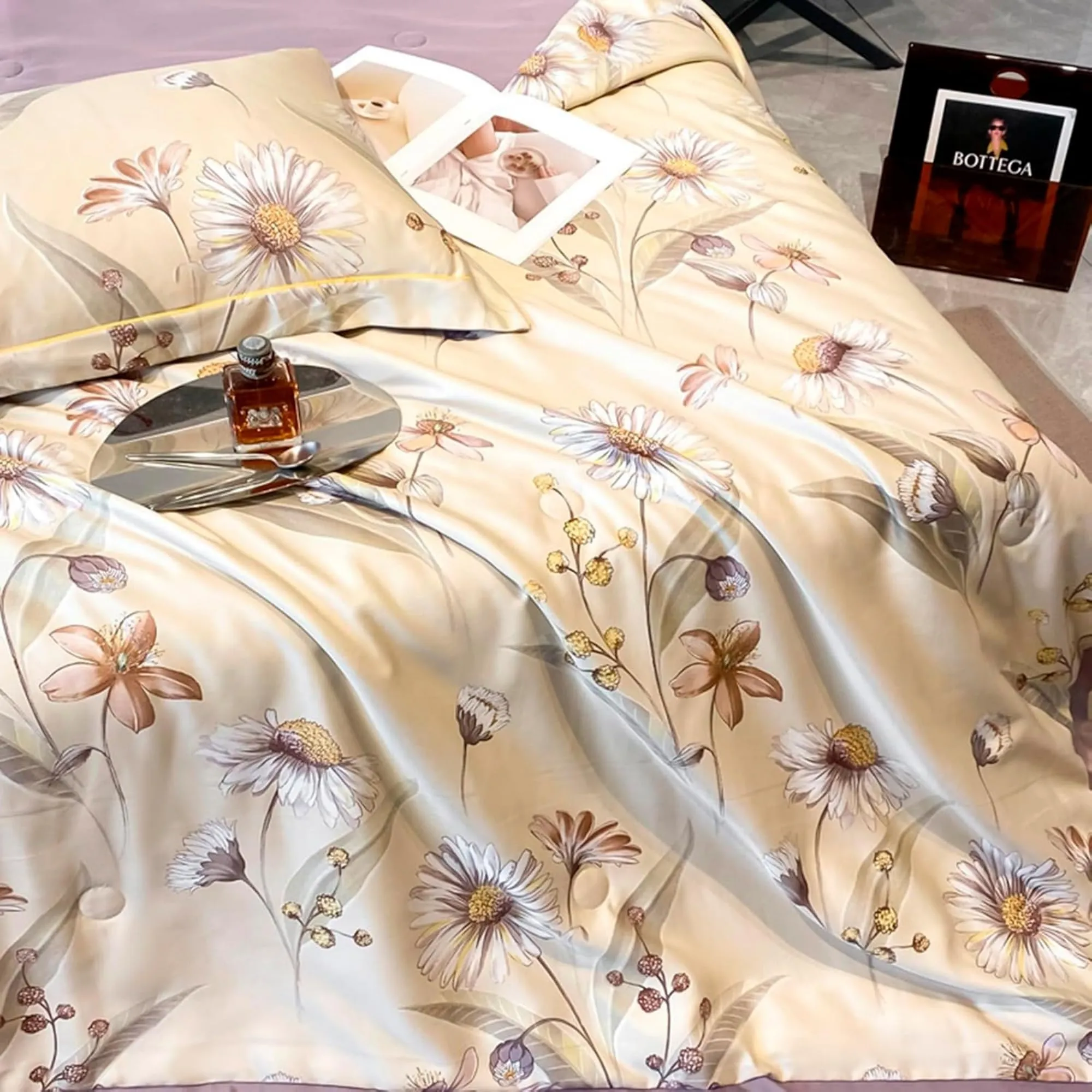 HomeEssentials Premium Queen Size Bedsheet & Blanket Set – Soft & Breathable Bedsheet with Silk Elegance Finish – Floral Print Set with 1 Bedsheet, 1 Quilt, and 2 Pillow Covers (180X200CM, Style-3)