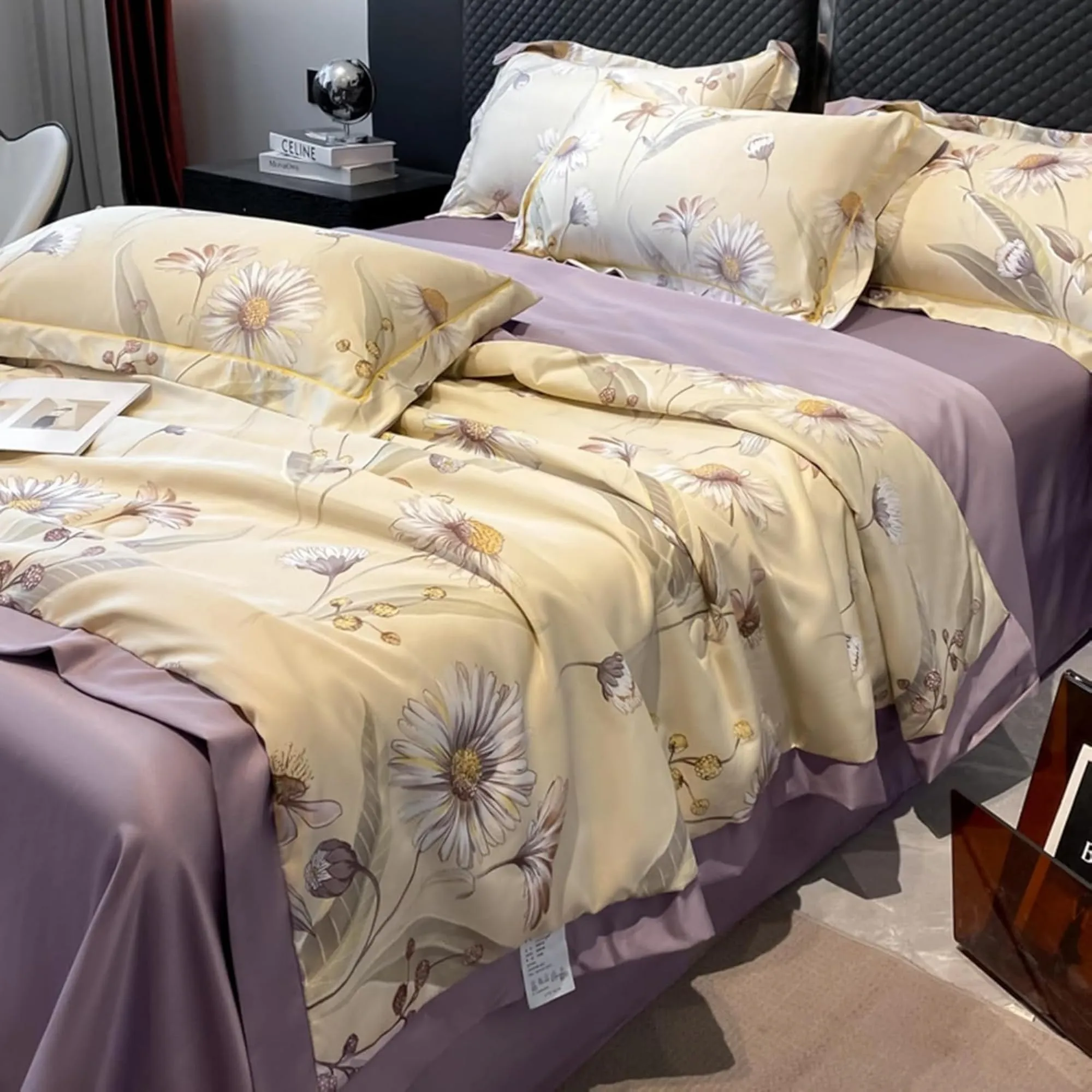 HomeEssentials Premium Queen Size Bedsheet & Blanket Set – Soft & Breathable Bedsheet with Silk Elegance Finish – Floral Print Set with 1 Bedsheet, 1 Quilt, and 2 Pillow Covers (180X200CM, Style-3)