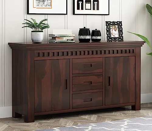 Indoplaza Sheesham Wood Sideboard Storage Cabinet with 3 Drawers and 2 Door for Living Room Hall | Wooden Furniture Storage Cabinet for Kitchen & Dining Room Side Board (Walnut Finish)