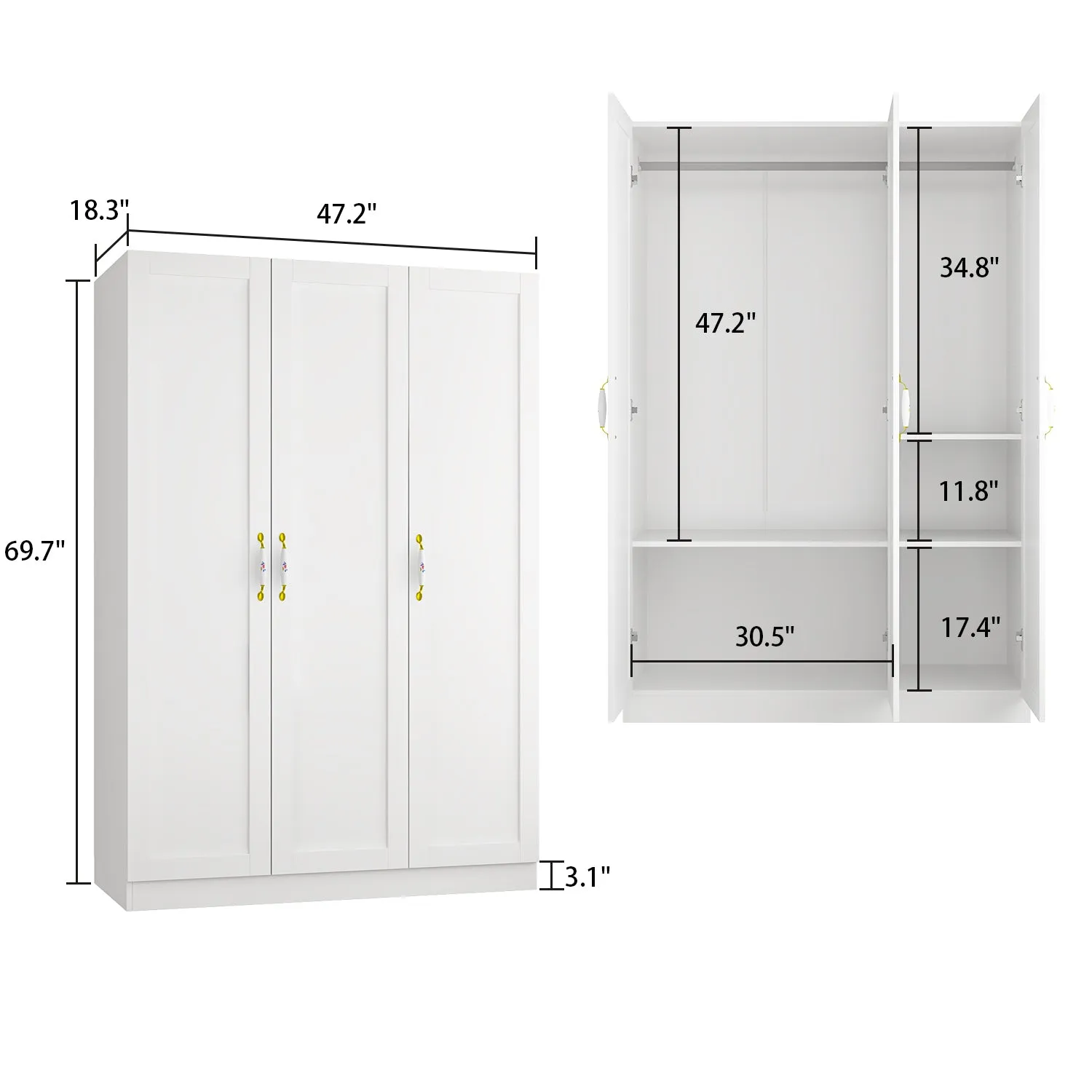 Large Wardrobe Closet Storage 3-Door Cabinet with Hanging Rod Ceramic Handle