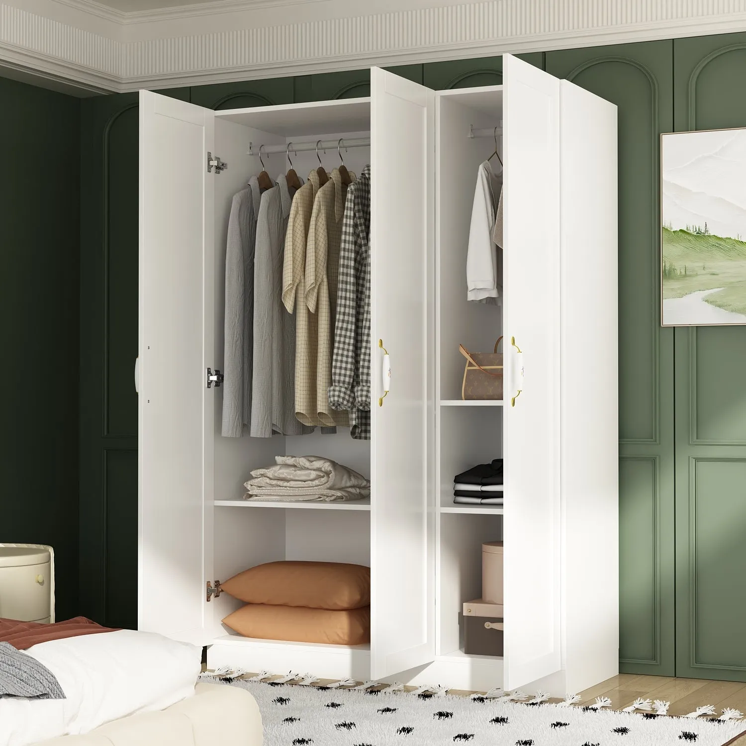 Large Wardrobe Closet Storage 3-Door Cabinet with Hanging Rod Ceramic Handle