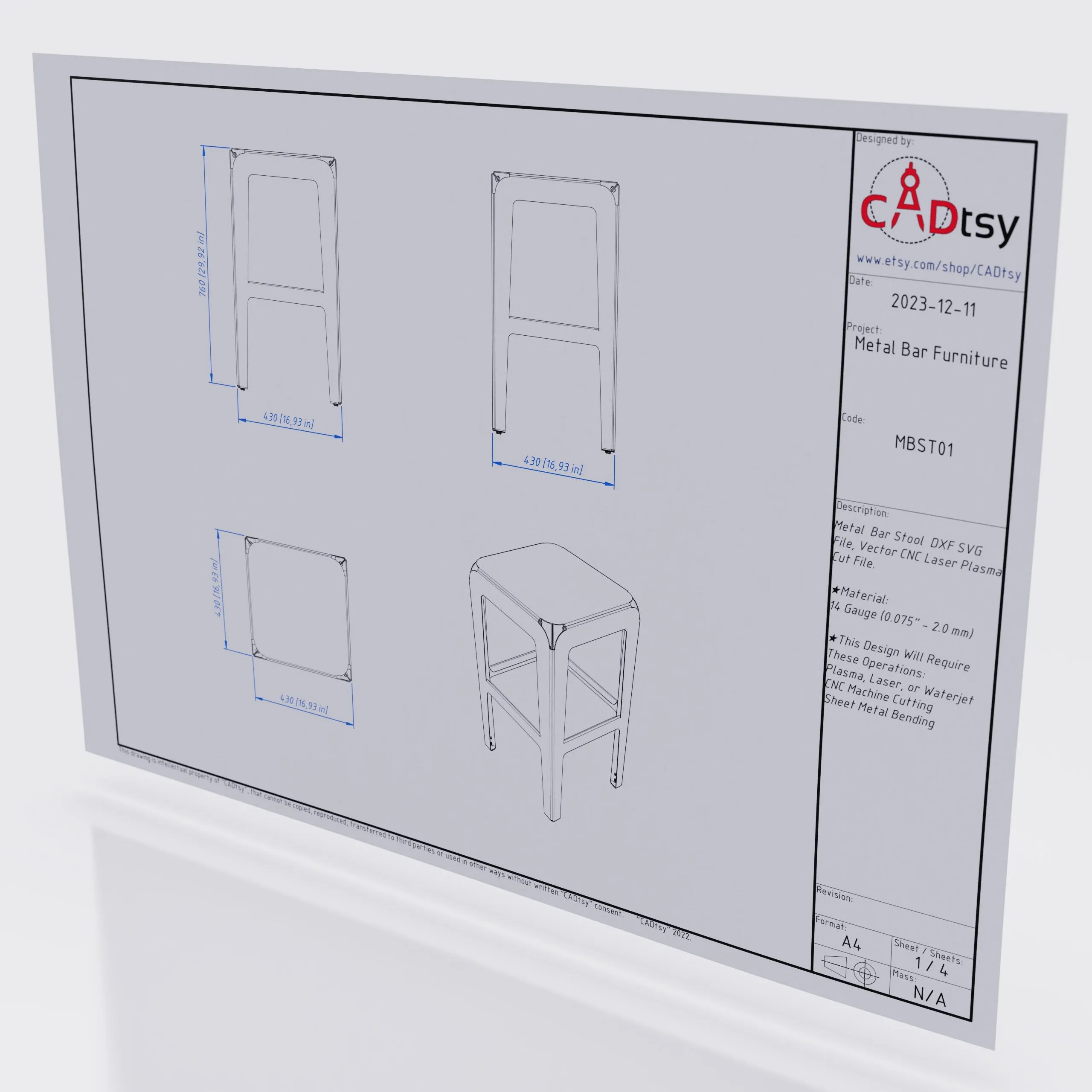 Metal Bar Stool CNC Plasma/Laser Cutting DXF/SVG Files. Height 760 mm (30")