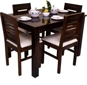 NATHJI ART PALACE Sheesham Wood 4 Seater Dining Table with Chair Four Seater Wooden Dining Room Set Dinner Table || Solid Wood Dining Room Sets for Living Room Home Restaurant - Walnut Finish