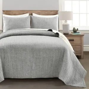 New - 3pc King Pickstitch Quilt/Coverlet Light Gray/Off White - Lush Décor