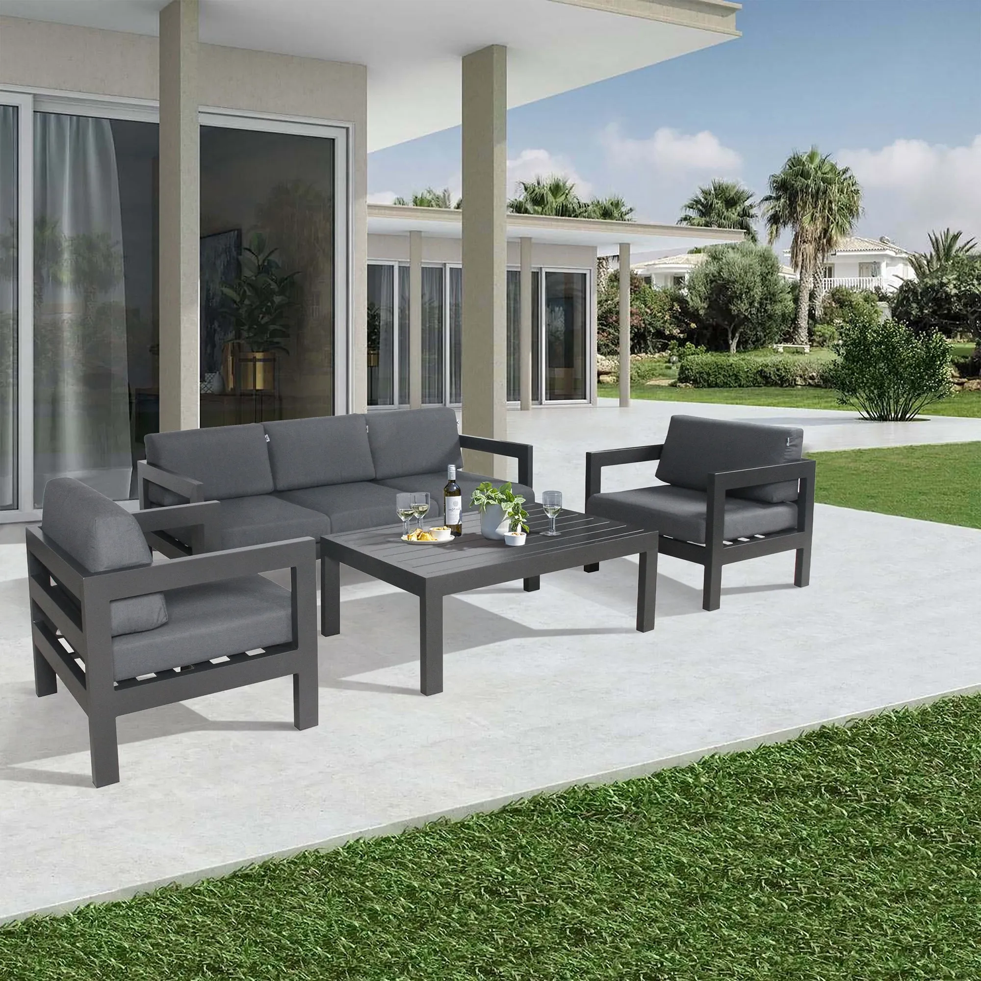 Outie 4pc Set 1 1 2 Seater Outdoor Sofa Lounge Coffee Table Aluminium Charcoal