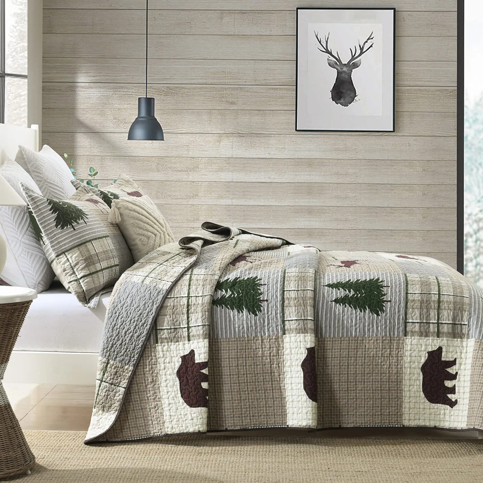 Quilt King Size - 100% Cotton Lightweight Cabin Plaid King Quilt Bedding Set, Forest Tree Brown Bear Deer Patchwork Reversible Bedspread/Coverlet/Comforter Set with 2 Shams, 3PCS