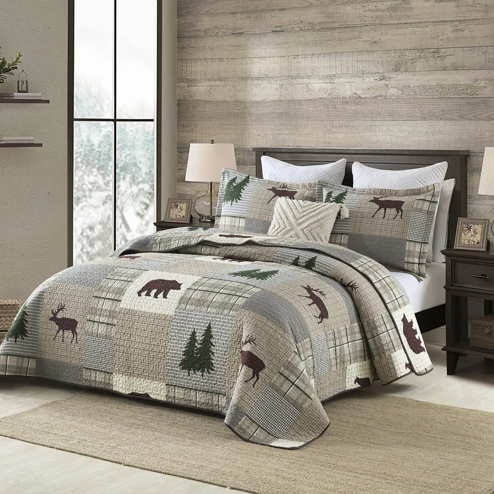 Quilt King Size - 100% Cotton Lightweight Cabin Plaid King Quilt Bedding Set, Forest Tree Brown Bear Deer Patchwork Reversible Bedspread/Coverlet/Comforter Set with 2 Shams, 3PCS