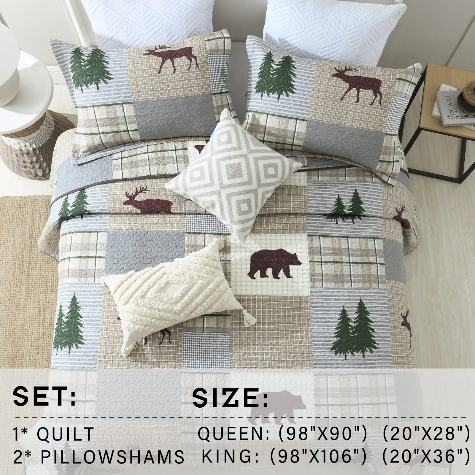 Quilt King Size - 100% Cotton Lightweight Cabin Plaid King Quilt Bedding Set, Forest Tree Brown Bear Deer Patchwork Reversible Bedspread/Coverlet/Comforter Set with 2 Shams, 3PCS