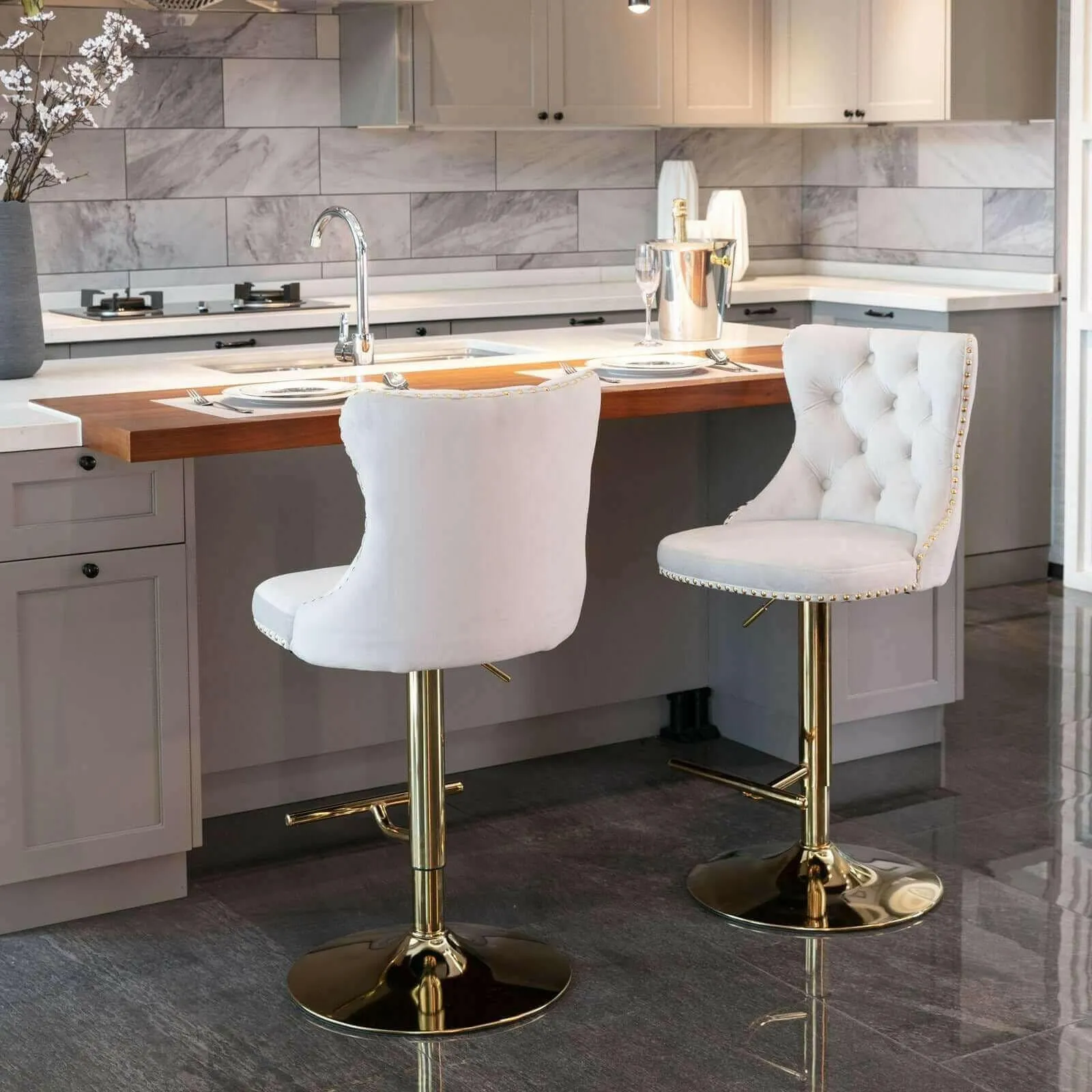 Set of 2 Modern Adjustable Velvet Swivel Bar Stools