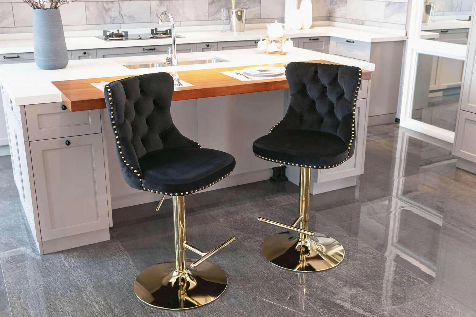 Set of 2 Modern Adjustable Velvet Swivel Bar Stools