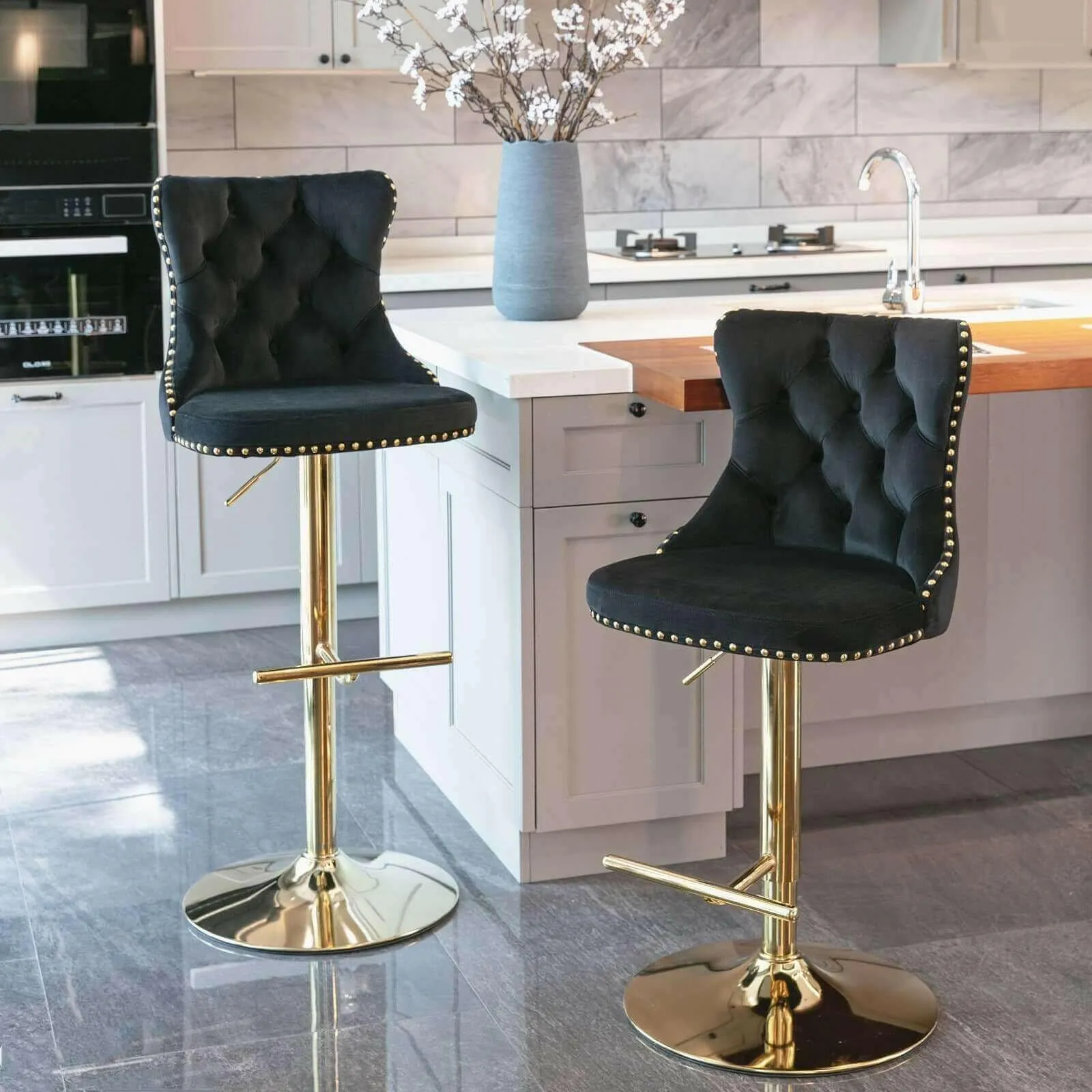 Set of 2 Modern Adjustable Velvet Swivel Bar Stools