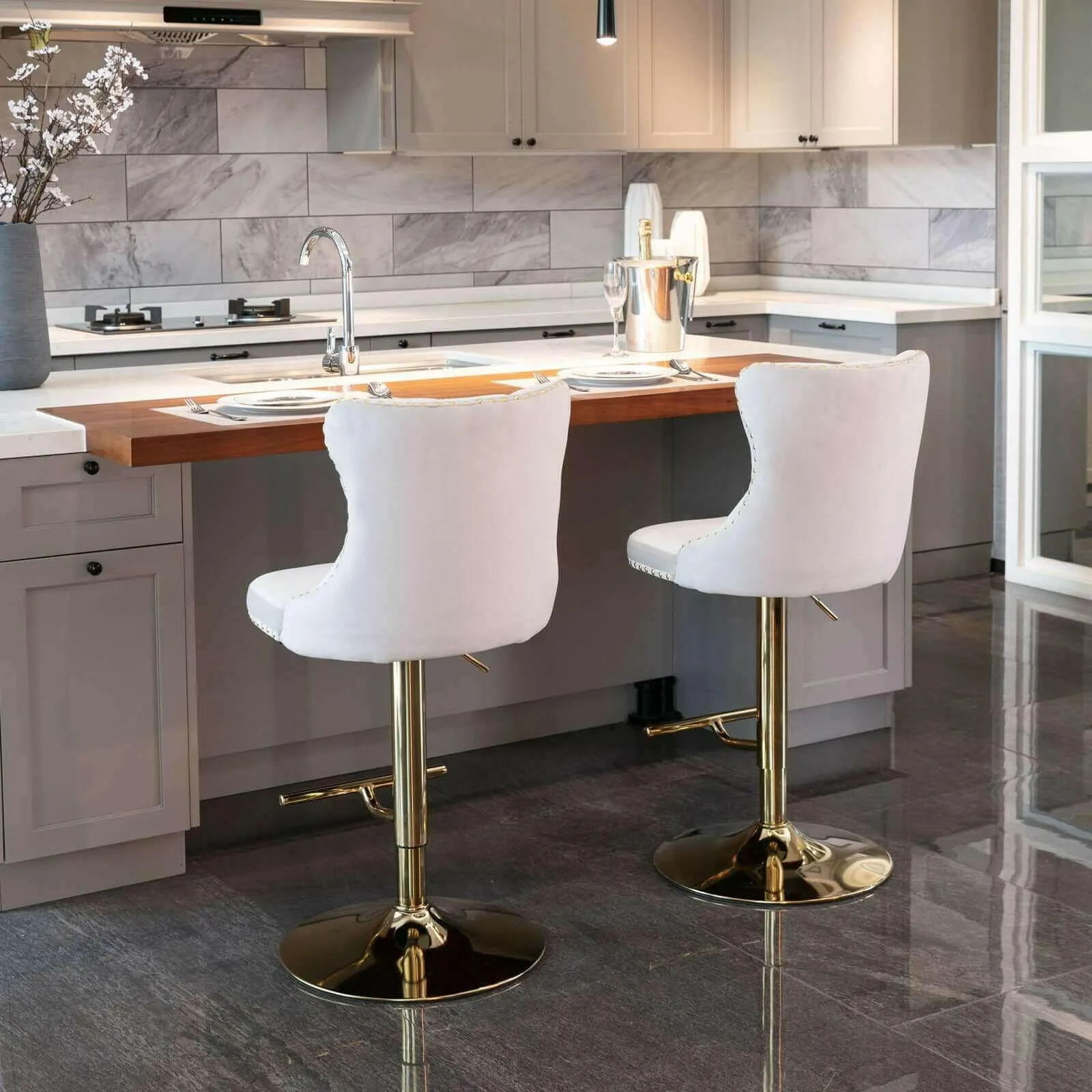 Set of 2 Modern Adjustable Velvet Swivel Bar Stools