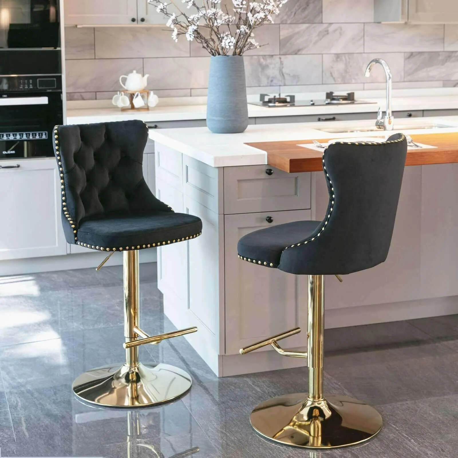 Set of 2 Modern Adjustable Velvet Swivel Bar Stools