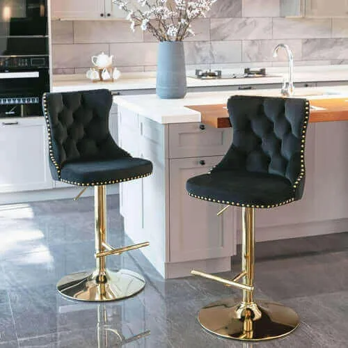 Set of 2 Modern Adjustable Velvet Swivel Bar Stools