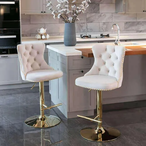 Set of 2 Modern Adjustable Velvet Swivel Bar Stools