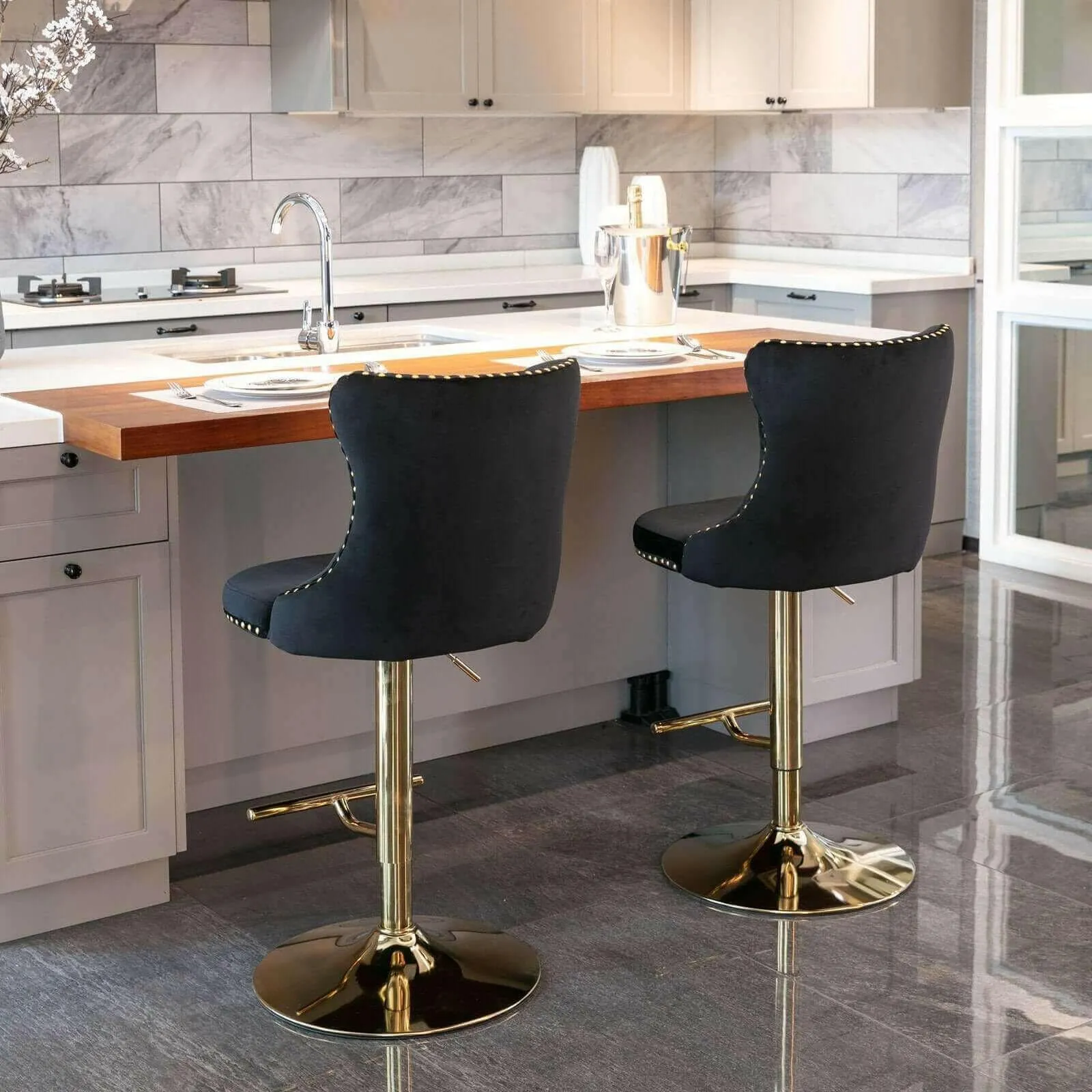 Set of 2 Modern Adjustable Velvet Swivel Bar Stools