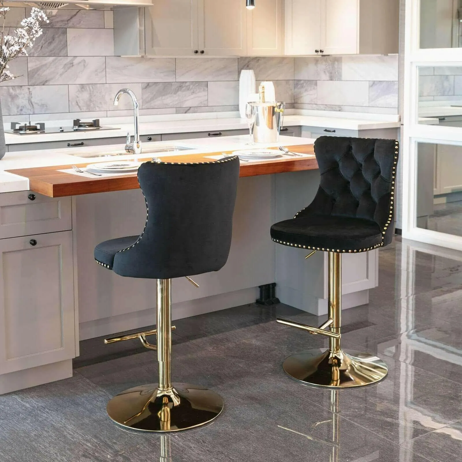 Set of 2 Modern Adjustable Velvet Swivel Bar Stools