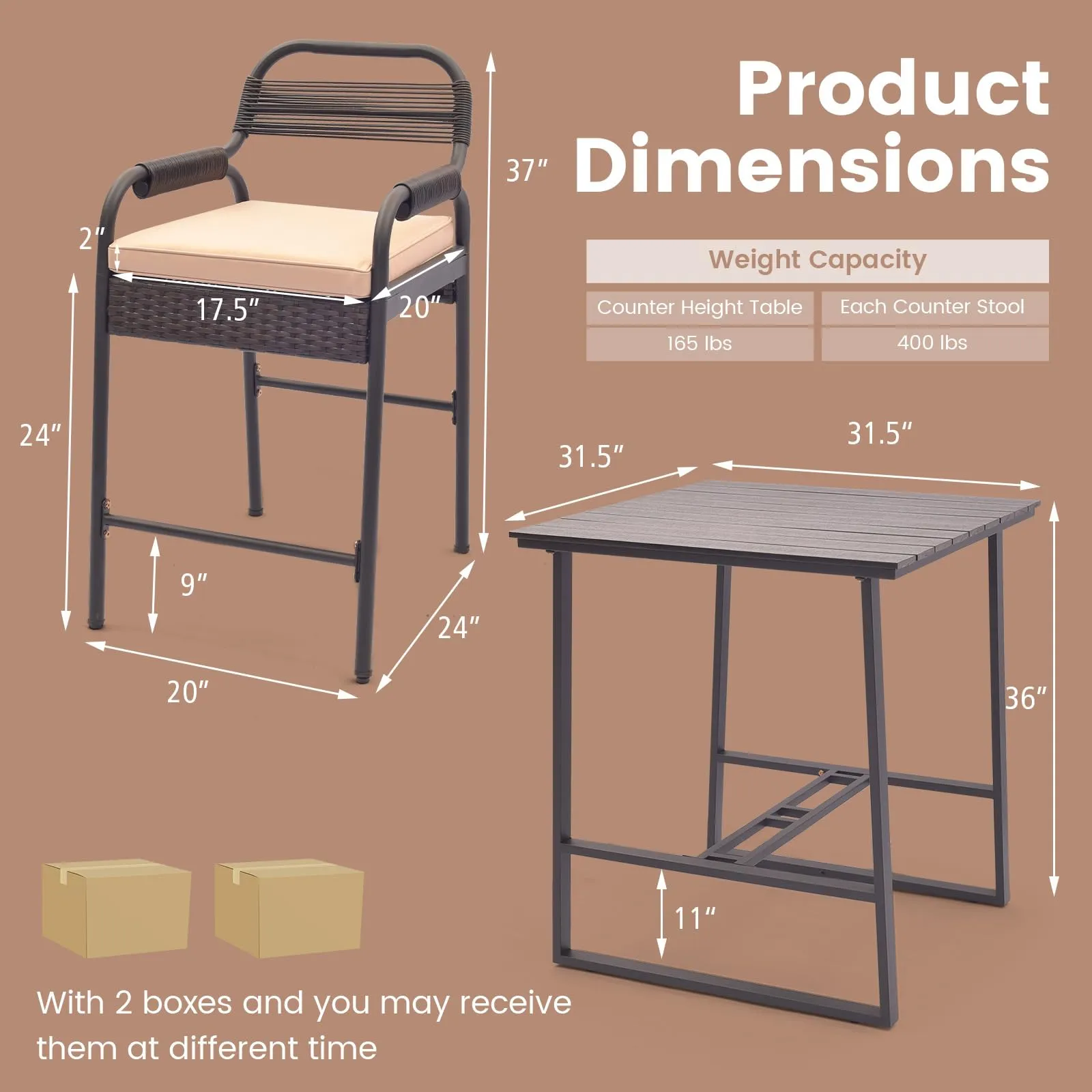 Tangkula 5-Piece Patio Rattan Bar Set, Counter Height Square Table with 4 Wicker Counter Stools