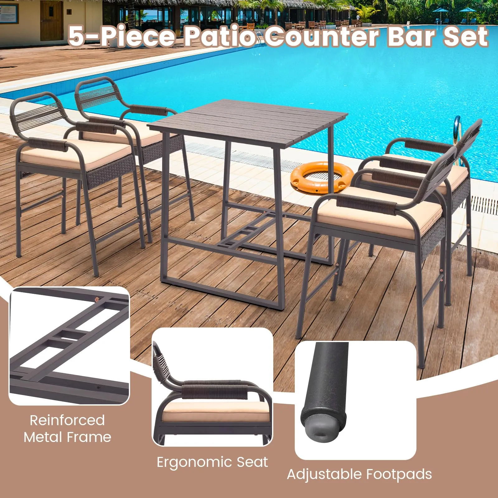 Tangkula 5-Piece Patio Rattan Bar Set, Counter Height Square Table with 4 Wicker Counter Stools