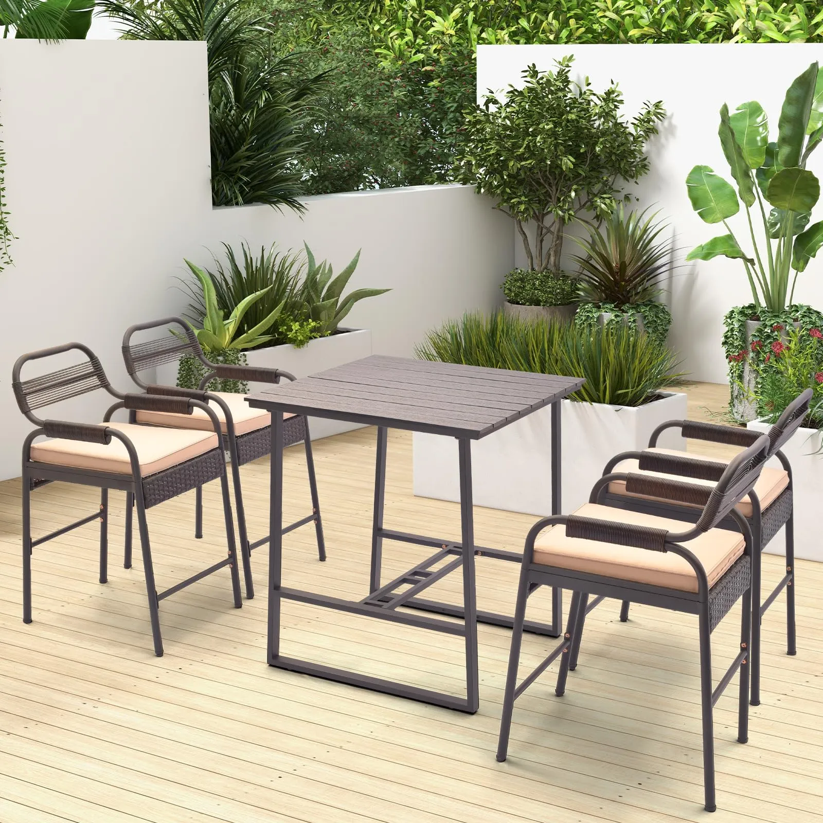 Tangkula 5-Piece Patio Rattan Bar Set, Counter Height Square Table with 4 Wicker Counter Stools