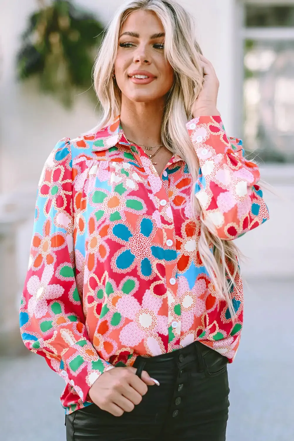 Vibrant Multicolor Floral Bubble Sleeve Shirt