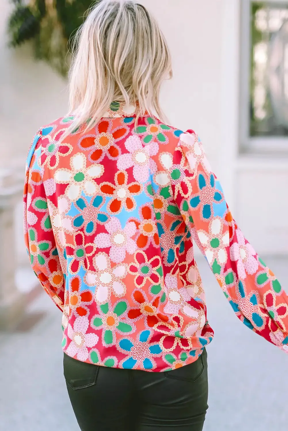 Vibrant Multicolor Floral Bubble Sleeve Shirt