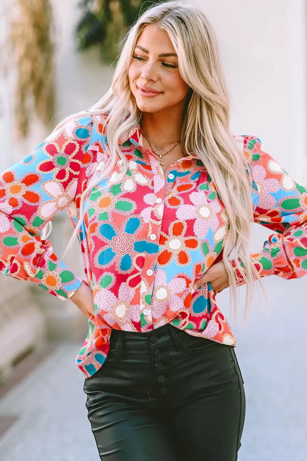 Vibrant Multicolor Floral Bubble Sleeve Shirt