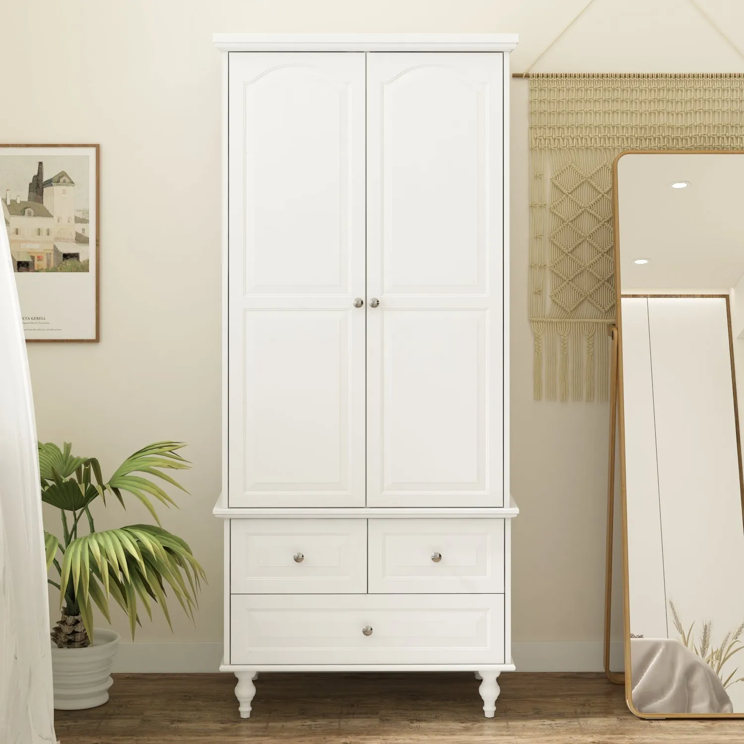 White Wardrobe Bedroom Storage Cabinet Armoire with 3 Drawers