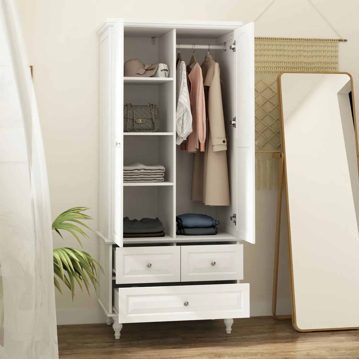 White Wardrobe Bedroom Storage Cabinet Armoire with 3 Drawers