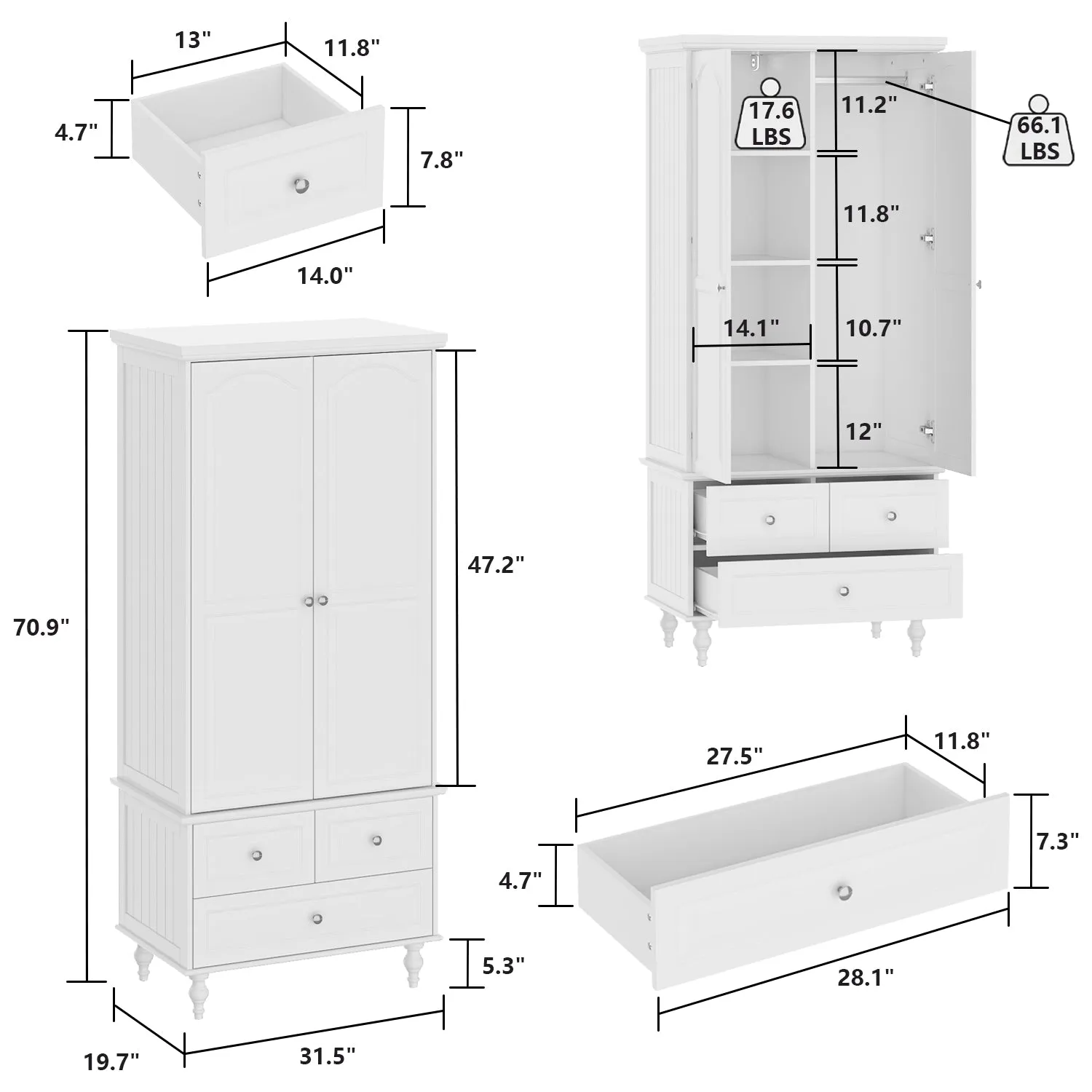 White Wardrobe Bedroom Storage Cabinet Armoire with 3 Drawers