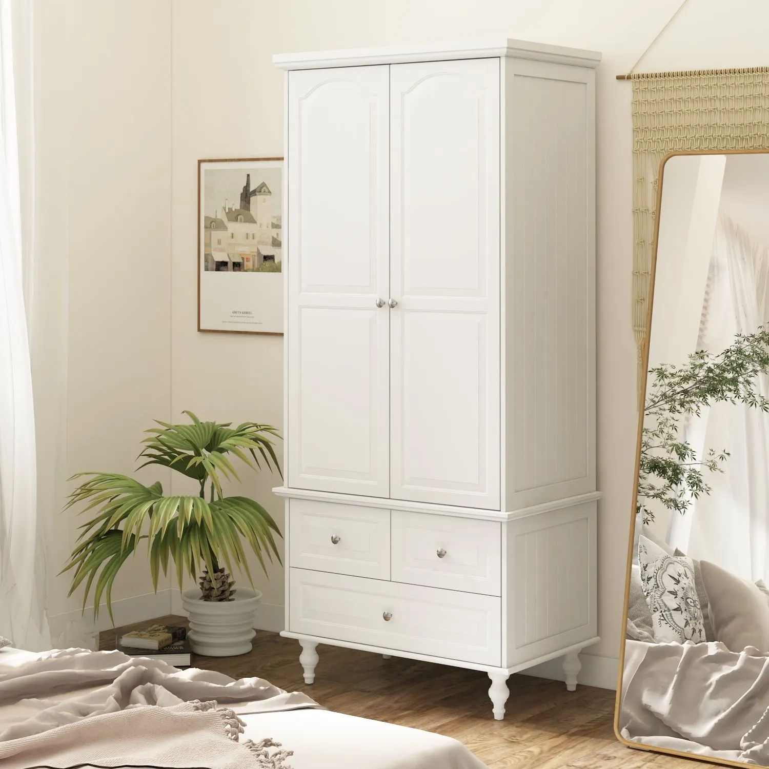 White Wardrobe Bedroom Storage Cabinet Armoire with 3 Drawers