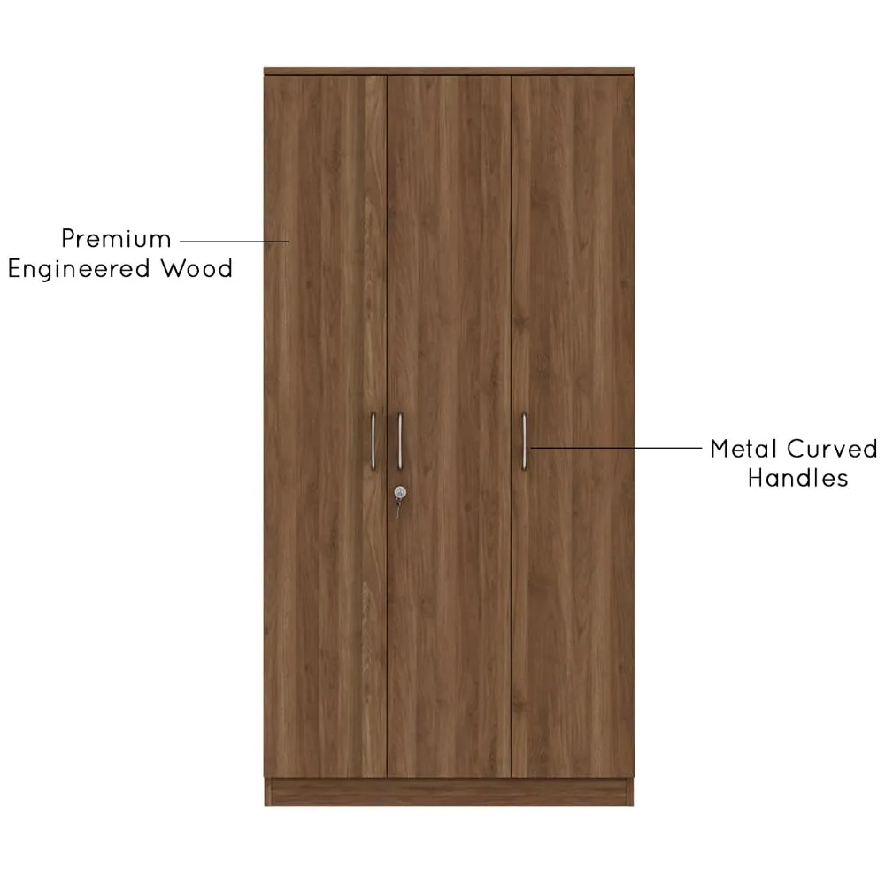 WoodenStreet™ Kayden 3 Door Wardrobe Furniture for Clothes, Cupboard Wooden Almirah for Bedroom, Multi Utility Wardrobe with Lock and Handles,1 Year Warranty, Engineered Wood, Columbian Walnut Finish