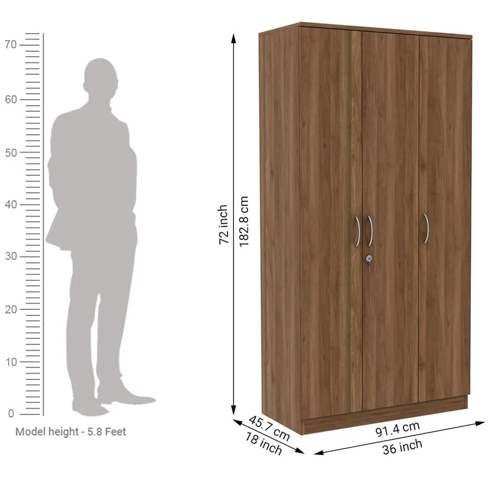 WoodenStreet™ Kayden 3 Door Wardrobe Furniture for Clothes, Cupboard Wooden Almirah for Bedroom, Multi Utility Wardrobe with Lock and Handles,1 Year Warranty, Engineered Wood, Columbian Walnut Finish